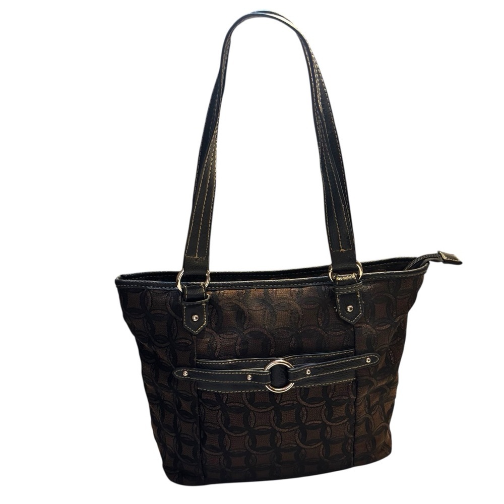 Croft & Barrow Bag Brown Fabric Metallic Circular pattern Black Trim Tote Bag